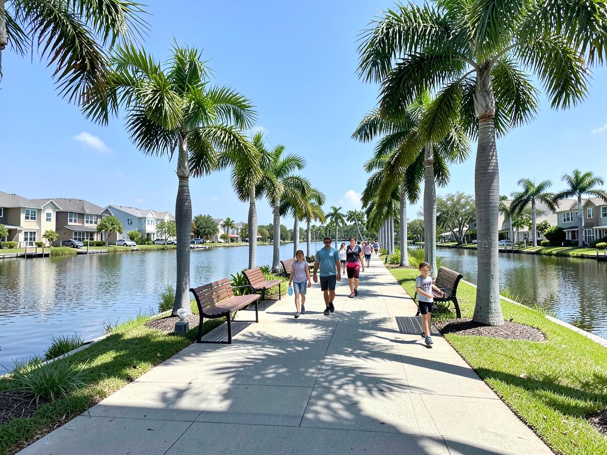 Palm-lined lakeside walking path in a Lake Nona neighborhood